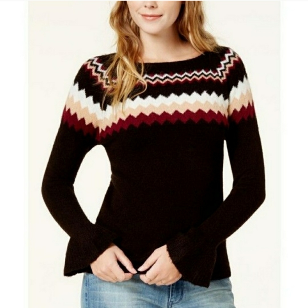 Kensie Sweater S Black Striped Bell Sleeve Crew Neck New